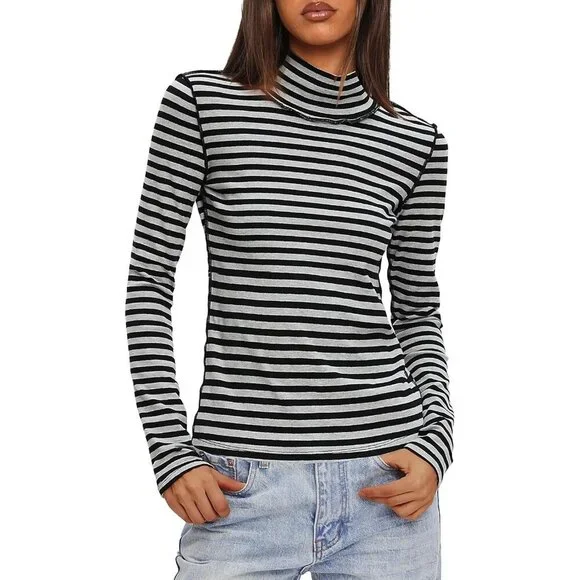 Women's Undershirts Light Grey Striped Long Sleeve Ribbed Slim Top Tees - Picture 5 of 5